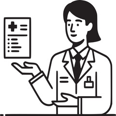 Doctor presenting medical report with cross symbol in black and white line art illustration style