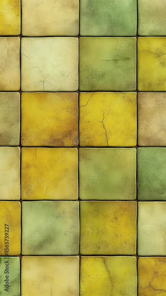 Poster abstract pattern of square tiles in varying shades of green yellow and brown creates a textured surf