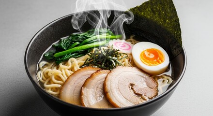 Steaming bowl of ramen with pork spinach egg and seaweed in dark bowl