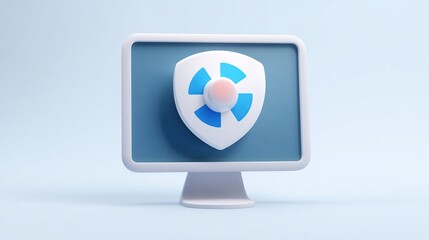 A light blue 3D-rendered computer monitor displays a white shield with a blue, circular, segmented graphic, suggesting digital security or protection