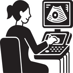 Woman using ultrasound machine with screen displaying echo image in black and white illustration