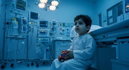 Young boy sits in a hospital room, clutching a toy car, a poignant image of childhood innocence amidst medical equipment.