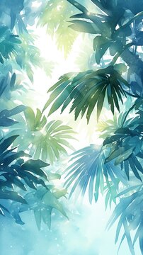 Fototapeta A tropical plant wallpaper featuring lush green foliage in a delicate watercolor style, paired with a soft pastel background and high resolution.