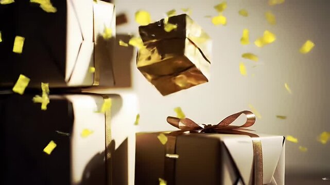 Golden Gifts Stack with Flowing Confetti For Special Event Celebration and Surprise Anniversary with Festive and Elegant Atmosphere