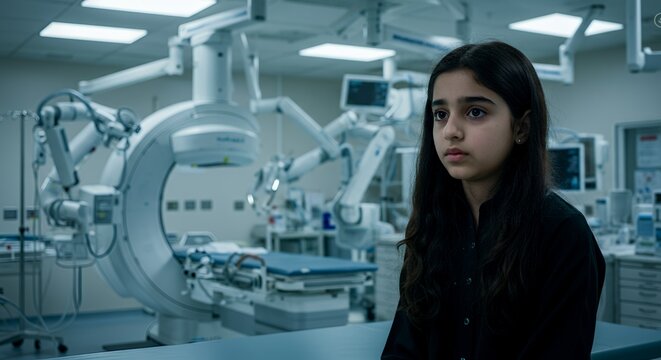 Young girl with pensive expression stands in a modern medical facility, surrounded by advanced medical equipment.