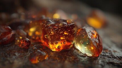 Amber Gemstone Macro: Natural Translucent Fossilized Treasure