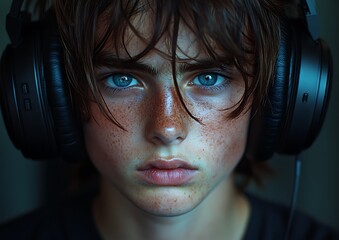 Boy with Headphones Focused and Absorbed in Music