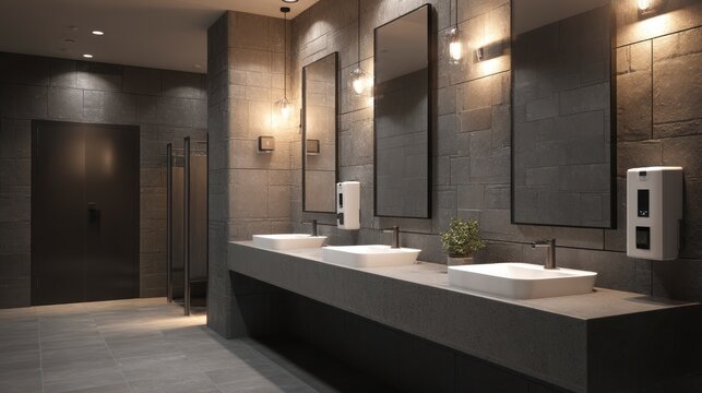 Modern restroom interior mirrors sinks and gray walls in commercial space