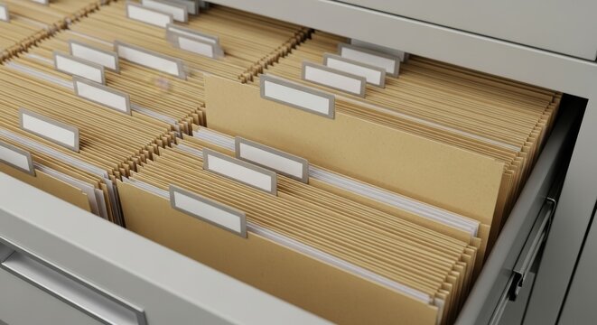 Office filing cabinet drawer with manila folders and labels for organization and storage