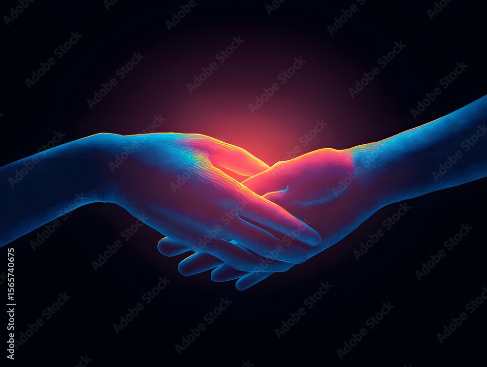 Poster an evocative and symbolic depiction of two hands clasped in a firm handshake, rendered with luminous
