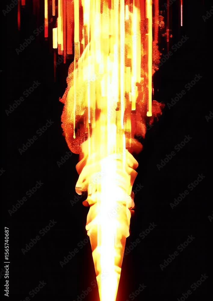 Poster abstract vertical fire eruption effect against black background illuminated by bright yellow light c