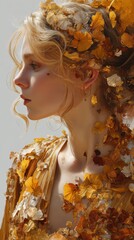 Fashion Model Portrait with Golden Leaves and Floral Adornment in Warm Tones