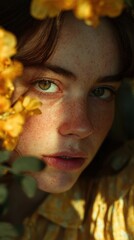 Serene Spring Portrait: Woman with Flowers and Green Eyes in Natural Light