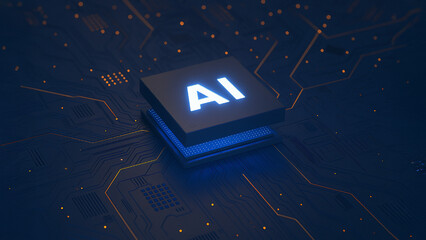 A 3D rendering of an AI chip on a circuit board, symbolizing technological advancement and the integration of artificial intelligence.