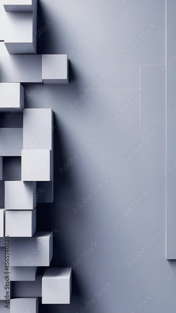 Poster abstract composition of white cubes in a dynamic arrangement against a textured light gray backgroun