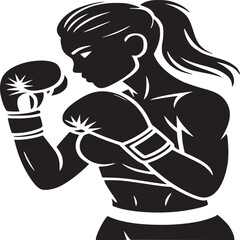 Silhouette of a female boxer in fighting stance wearing gloves against a light gray background plain
