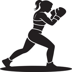 Silhouette of a woman in boxing stance wearing gloves and athletic clothing on a white background surface