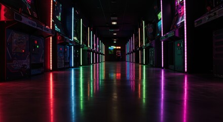 Colorful arcade hallway at night