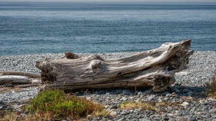 Tranquil Coastal Driftwood and Stones: Relaxing Marine Beach Landscape