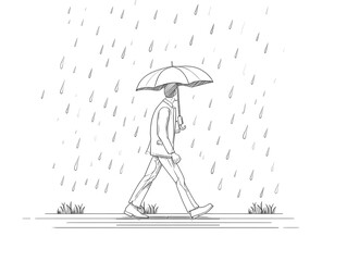 Walking Through the Rain: A lone figure strides confidently through a downpour, sheltered beneath an umbrella, the detailed illustration captures the simple beauty of everyday resilience.