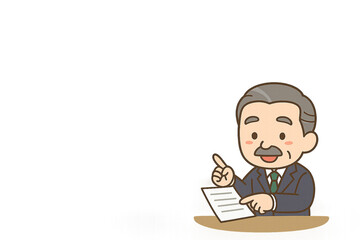 書類を指差しながら説明する男性ベテラン社員のミニキャライラスト