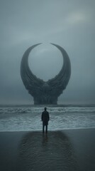 Mystical Surreal Landscape with Ocean View and Contemplative Figure