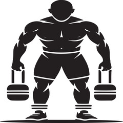 Silhouette of a muscular man holding weights in each hand on a white background illustration