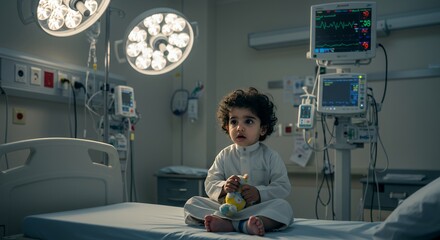 A young child sits quietly on a hospital bed, clutching a toy, a poignant image of innocence and vulnerability in a medical setting.