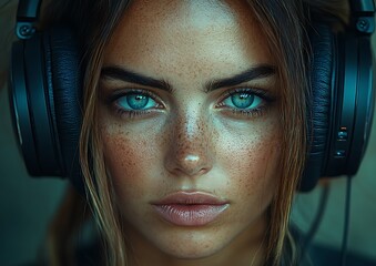 Intense Gaze Woman with Headphones and Striking Blue Eyes