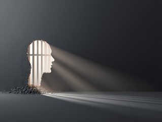 A thought-provoking illustration of a mind breaking free, symbolized by a human head silhouette emerging from prison bars.  Rays of light pierce through, illuminating the path to liberation.