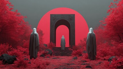 Mystical Red Landscape with Surreal Archway and Ethereal Figures