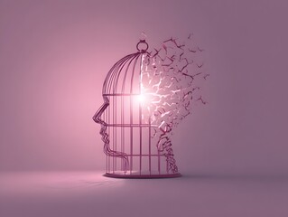 The conceptual artwork depicts a mind transcending limitations, where a cage-shaped head is dissolving to reveal inner thoughts, symbolizing liberation, creativity, and the power of the mind.