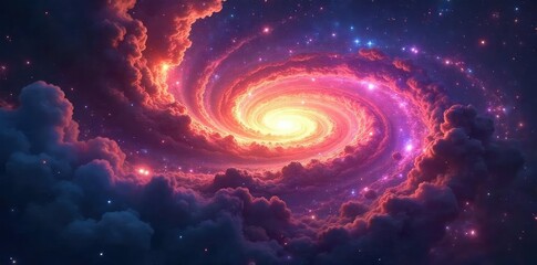 Vast swirling nebula, cosmic dust and starlight illuminate the ethereal beauty of a distant galaxy, representing spiritual connection to the universe , inner peace, ethereal, universe