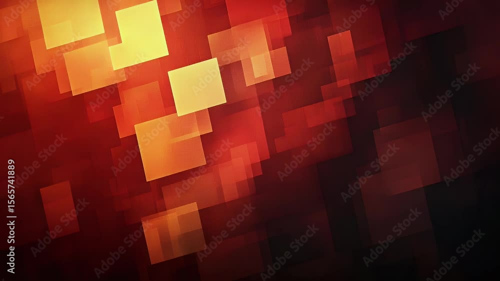 Poster abstract animation with glowing red and orange squares floating across a dark background. textured e