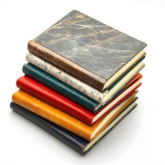 A neat stack of assorted journals, showcasing vibrant colors, textured covers, and the promise of untold stories within. Each book holds a unique aesthetic, with different cover materials.