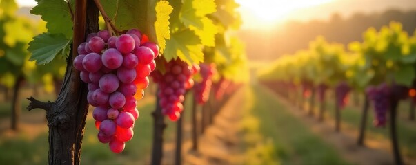 Sun-drenched bunches of ripe grapes hang heavy on the vine, ready for harvest A picturesque scene of autumnal abundance in a vineyard Golden sunlight illuminates the juicy fruit , wine, abundance