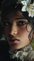 Elegant Woman's Floral Beauty: Close-Up Portrait with Natural Light and Delicate Features