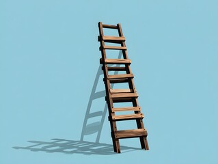 A weathered wooden ladder leaning against a vibrant blue wall, casting a long shadow, creates a sense of height, progress, and the journey ahead.