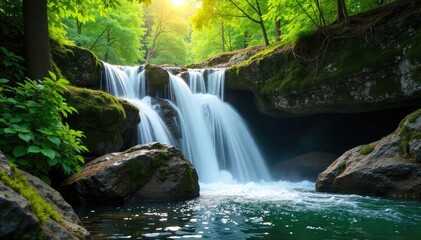Serene waterfall cascading over moss-covered rocks, sunlight dappling through lush green foliage A tranquil scene of untamed natural beauty , tranquil, landscape, forest