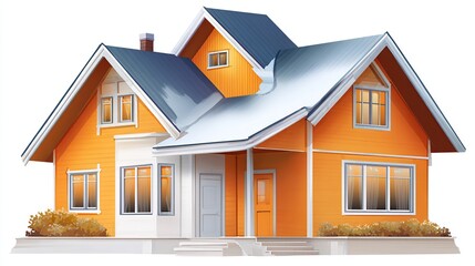 Isolated orange house illustration, showing front elevation and snow covered roof, for design