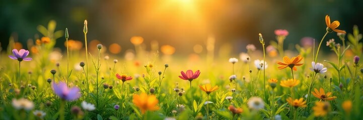Fototapeta premium Serene landscape featuring vibrant wildflowers in a lush meadow, bathed in golden sunlight Perfect for nature, travel, and environmental projects , environment, vibrant