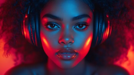 Portraits of a Woman with headphones in neon ambiance