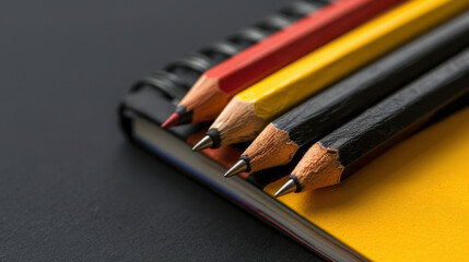 Colorful pencils arranged neatly on black notebook create cheerful and inviting workspace. vibrant hues of red, yellow, and black add creative touch to setup, perfect for artistic endeavors