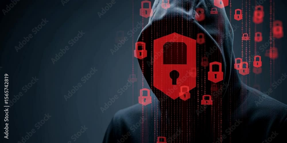 Poster abstract representation of digital security with the head and shoulders of an anonymous male in a bl