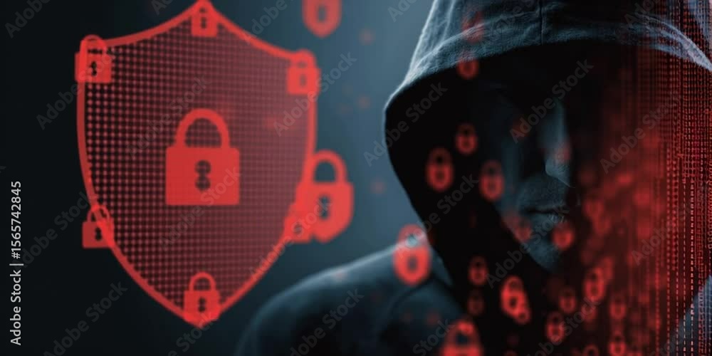 Poster abstract representation of digital security with the head and shoulders of an anonymous male in a bl