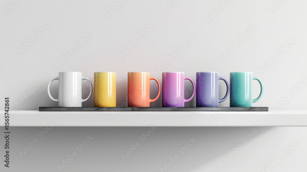 Poster brightly colored mugs arranged neatly on floating shelf create cheerful and organized workspace. vib