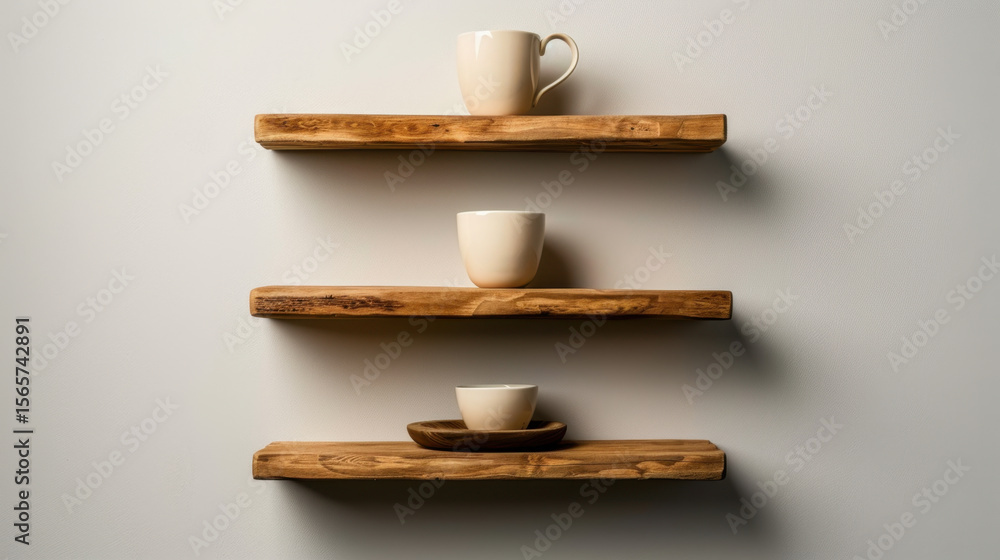 Poster clean workspace with floating wooden shelves displaying ceramic cups and bowls, creating minimalist 