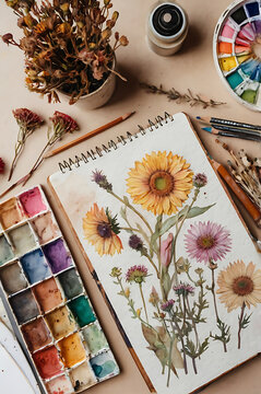 Still life of flowers with vintage books wooden table and kitchen decorations