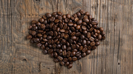 Rich coffee beans arranged in heart shape on rustic wooden surface create warm and inviting atmosphere, perfect for coffee lovers and enthusiasts