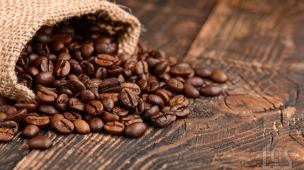 Fototapeta premium Fresh coffee beans spilling out of burlap sack onto rustic wooden surface, creating warm and inviting atmosphere perfect for coffee lovers